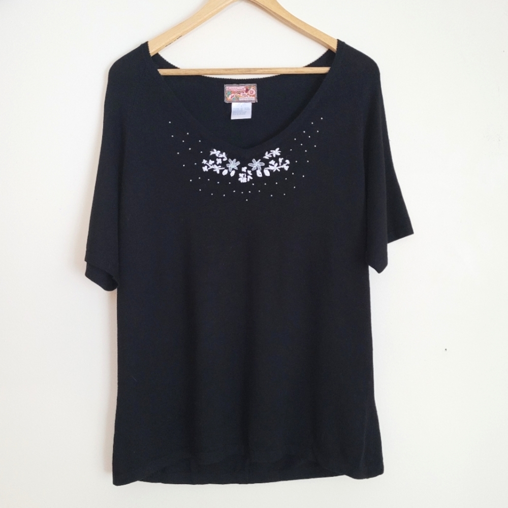 April Cornell | Black Embroidered Short Sleeve Knit Top